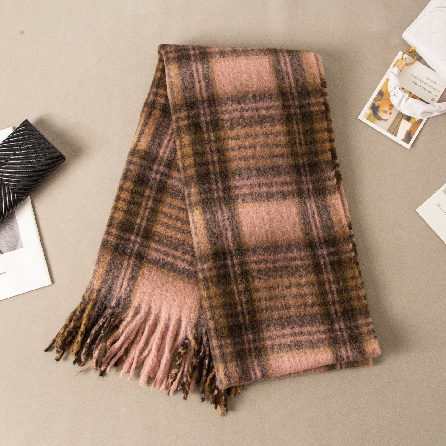 Women's Brown Retro Mixed Color Stripe Mohair Winter Scarfs