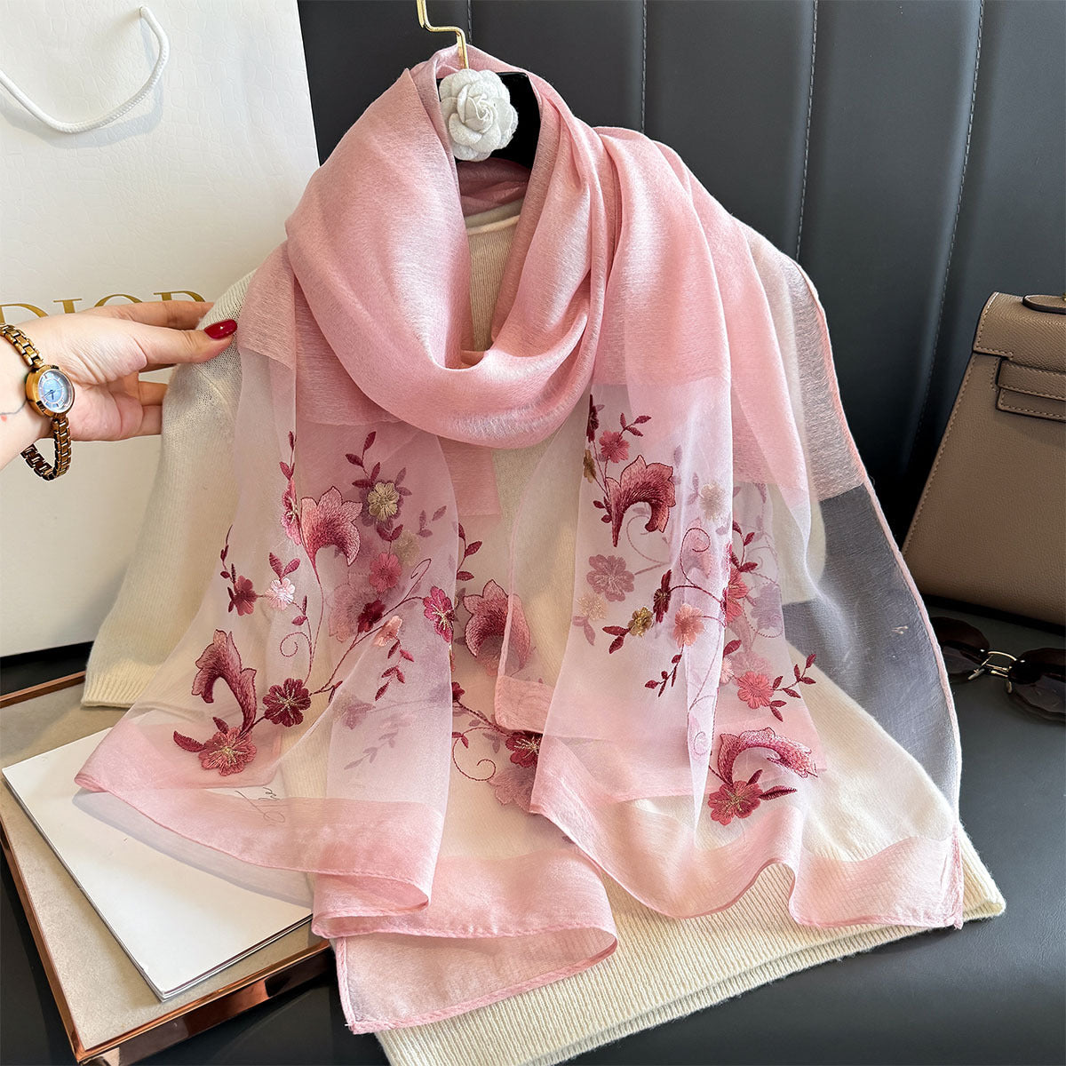 Women's Simple Embroidery Small Flower Artificial Silk Scarfs