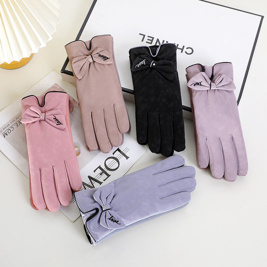 Women's Screen Fleece Lined Padded Warm Keeping Bow Gloves