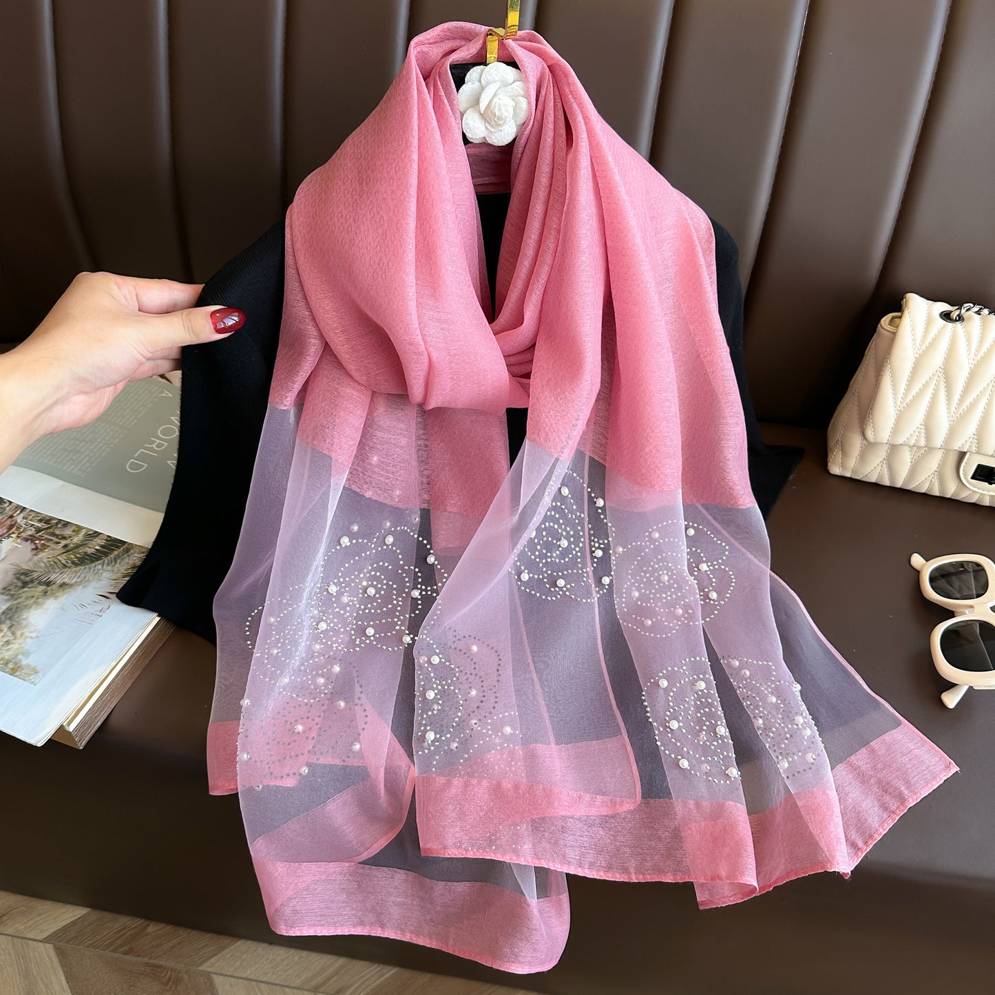 Women's Solid Color Rhinestone Rose Pearl Long Sunscreen Scarfs