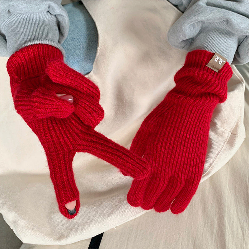 Women's Solid Color Long Thickened Warm Finger Gloves