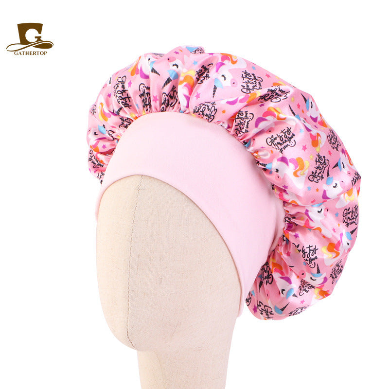 Children's Unicorn Cartoon Printed Satin Nightcap Tam-o'-shanter Kids' Headwear