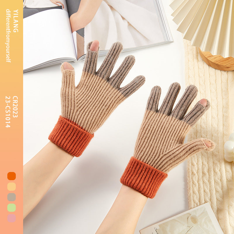 Women's Korean Warm Knitted Fingerless Cycling Plus Gloves