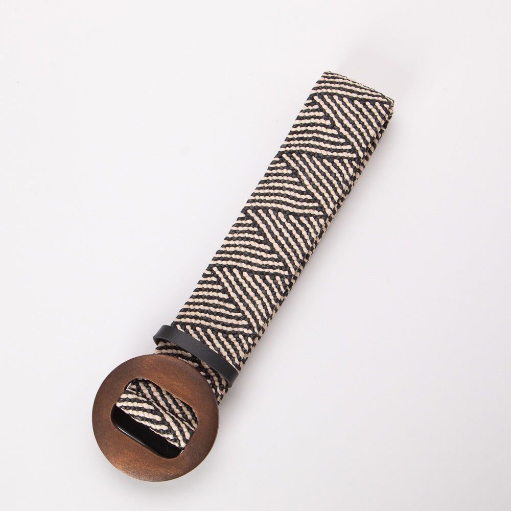 Woven Wooden Buckle Round Elastic Wide Bohemian Belts