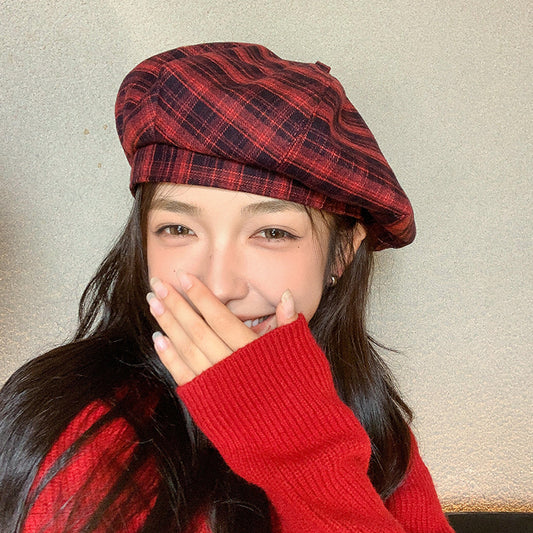 Women's Checked Beret Temperament Wild Little Korean Hats & Caps