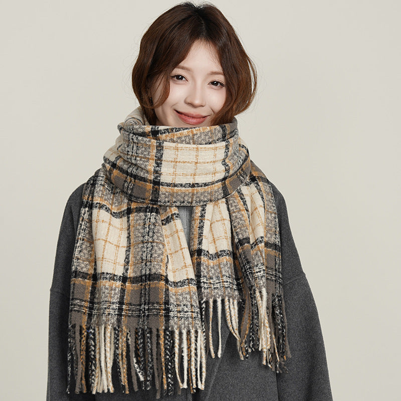 Women's Thick Checks Warm White Soft Tassel Scarfs