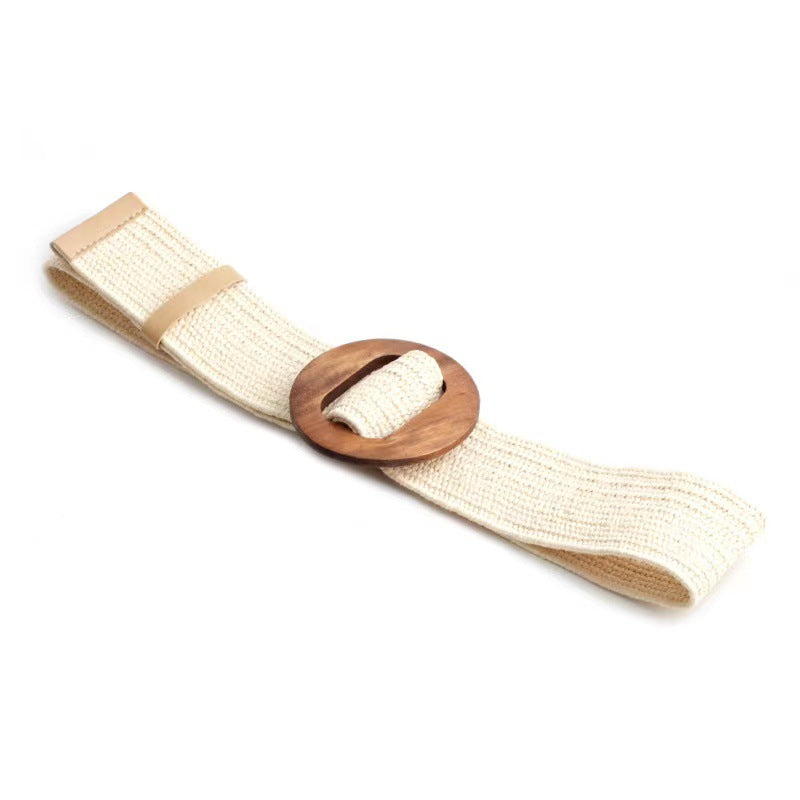 Woven Wooden Buckle Round Elastic Wide Bohemian Belts