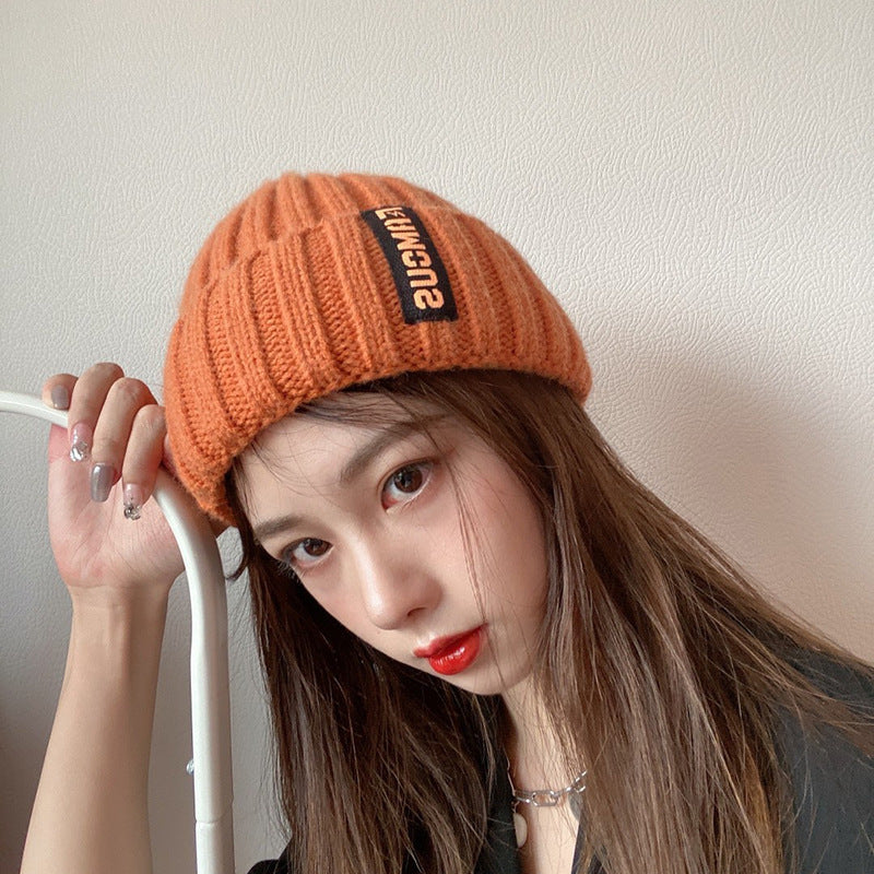 Women's Korean Fashion Long Logo Woolen Warm Hats & Caps