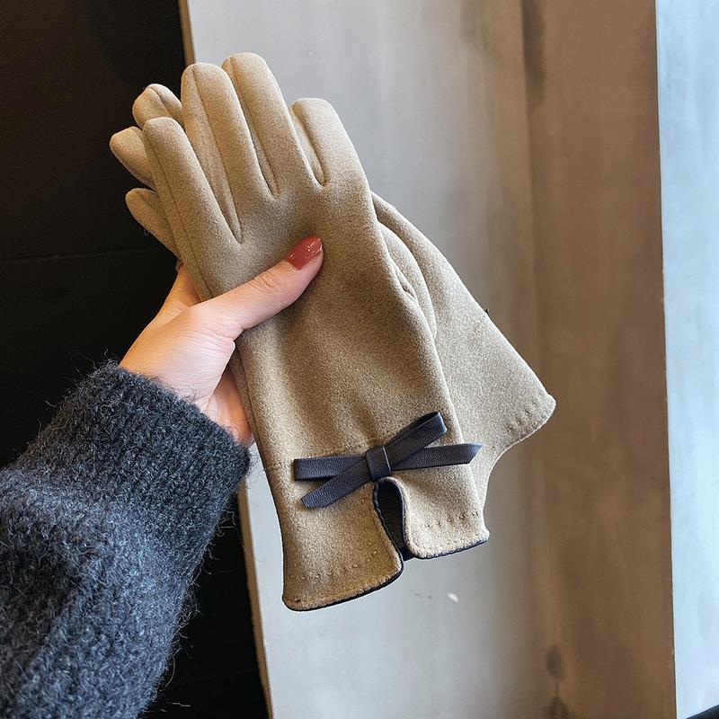 Women's Korean Cute Bow Fleece-lined Thickened Electric Car Gloves