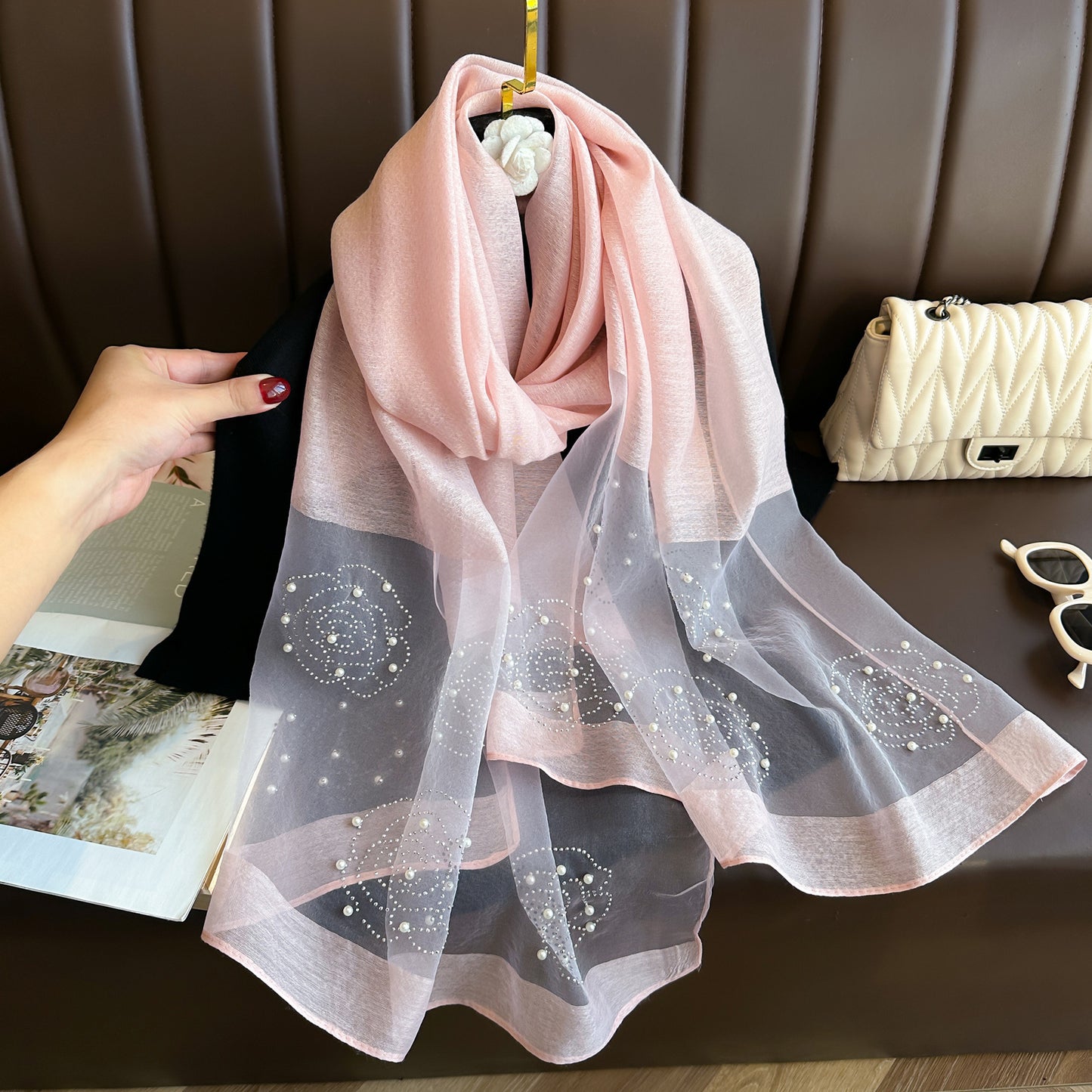 Women's Solid Color Rhinestone Rose Pearl Long Sunscreen Scarfs