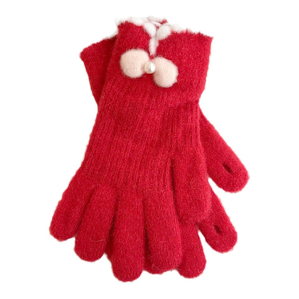 Women's Knitted Warm Korean Lace Bow Open Gloves