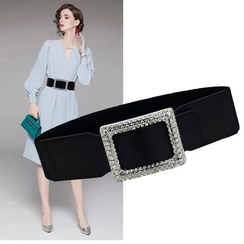 Women's Square Buckle Wide Decorative Coat Elastic Belts