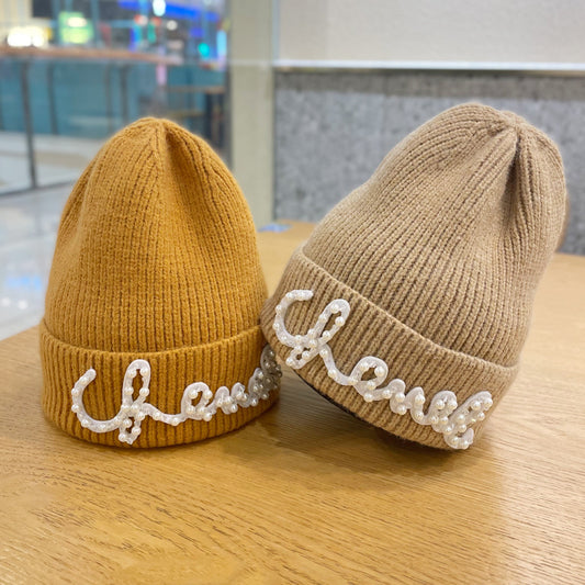 Woolen Hat Female Fashion Bead Letters Solid Color Beanie Hats & Caps