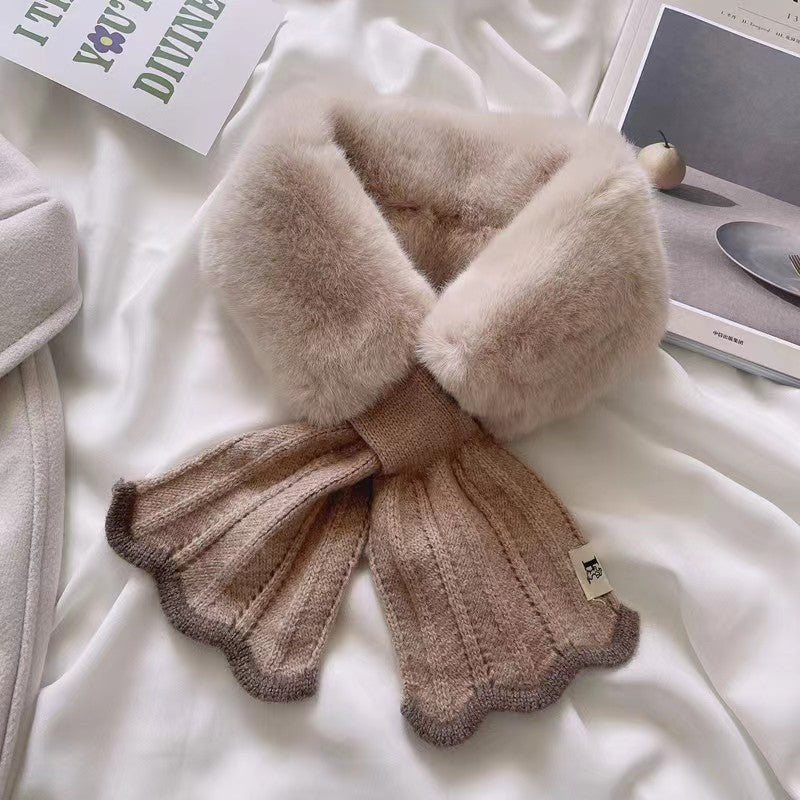 Korean Style Knitted Fishtail Stitching Furry Imitate Rex Rabbit Scarfs