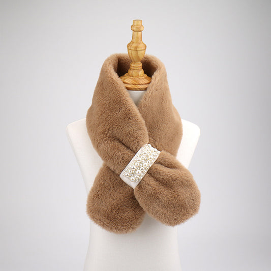 Women's Rex Rabbit Fur Thick Warm Cross Pearl Scarfs