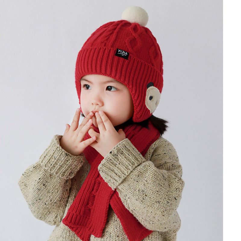 Children's Two-piece Set Cute Bear Boy Winter Warm Cotton Kids' Headwear