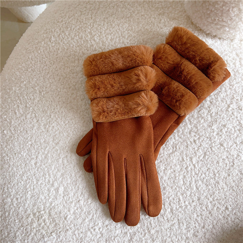 Women's Warm Suede Coffee Fur Buckle Caramel Thickened Veet Cold Gloves