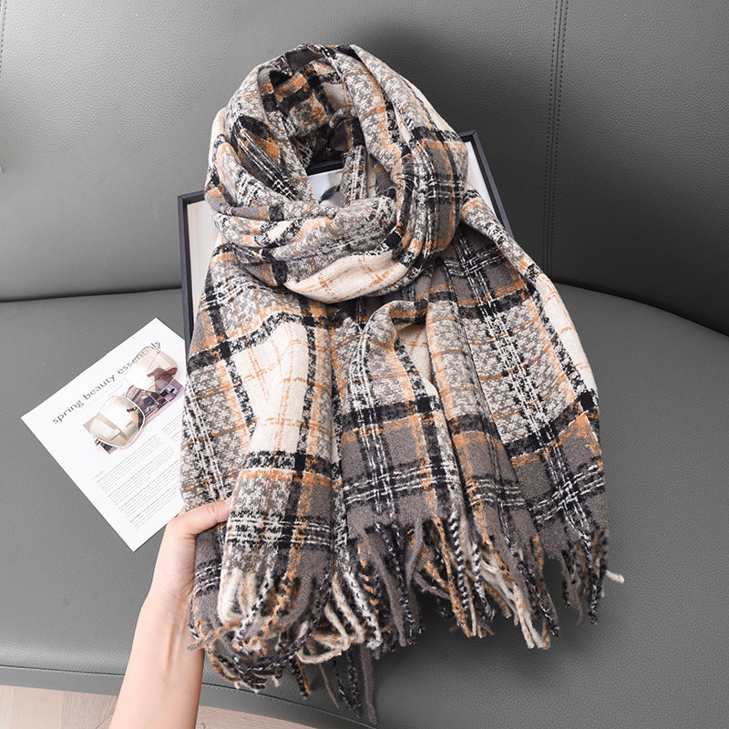 Women's Thick Checks Warm White Soft Tassel Scarfs