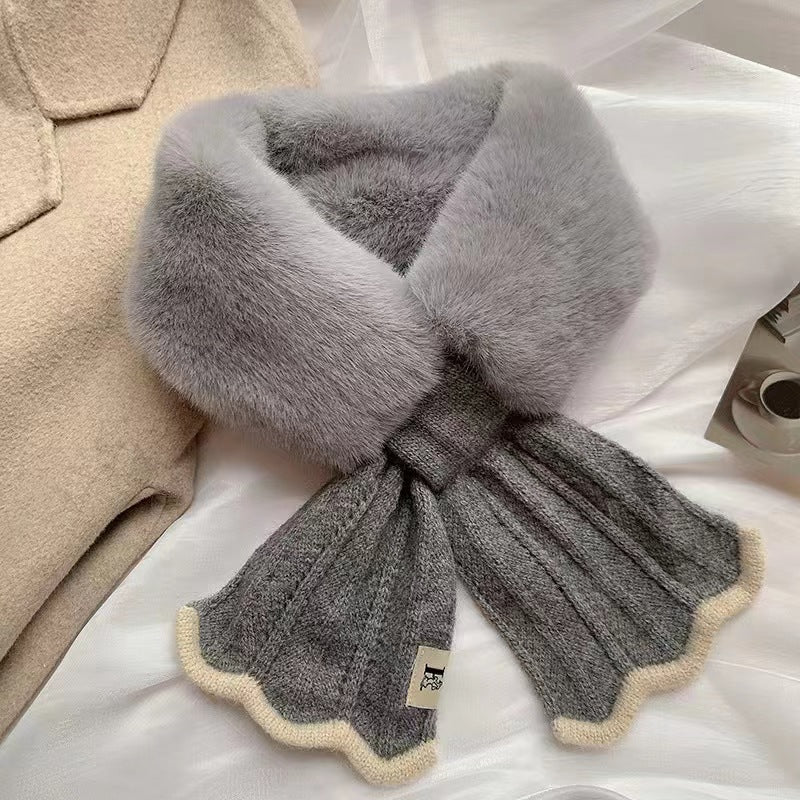 Korean Style Knitted Fishtail Stitching Furry Imitate Rex Rabbit Scarfs