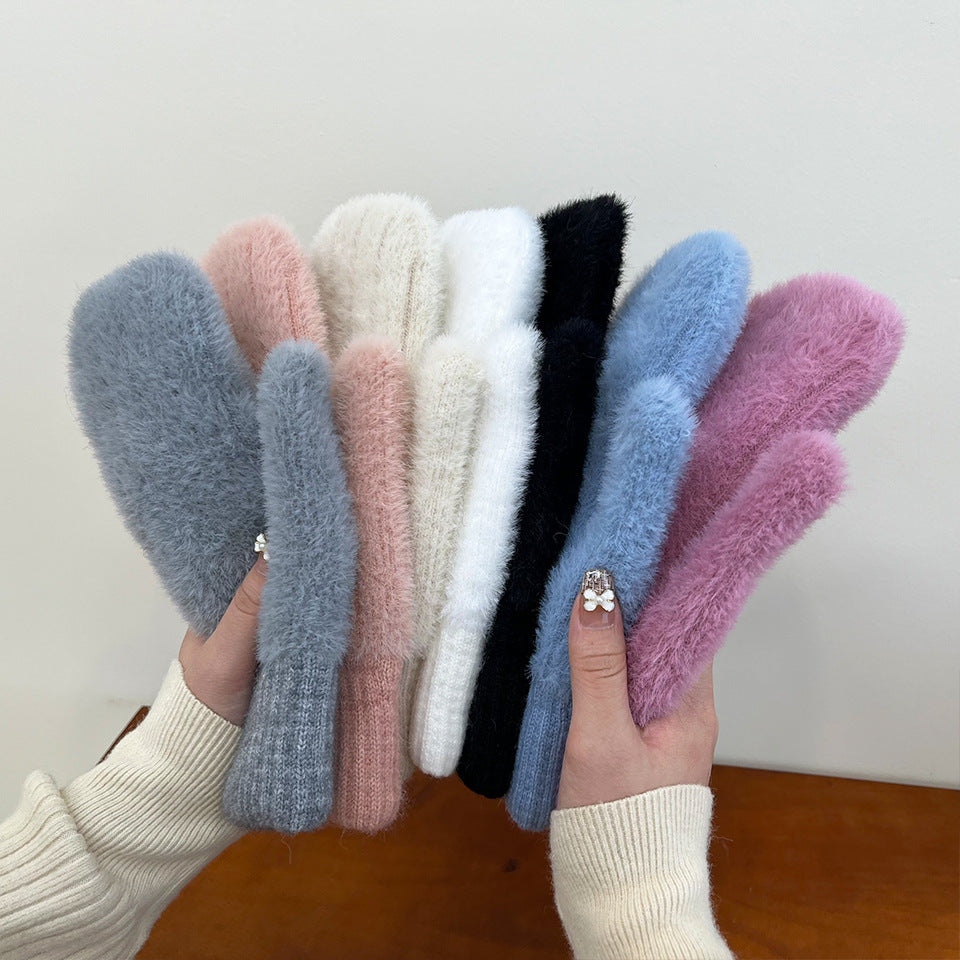 Women's Winter Thickened Fleece-lined Korean Style Solid Color Finger Bag Gloves