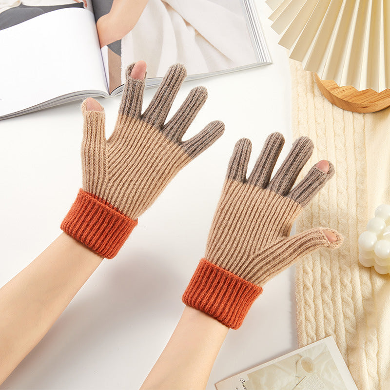 Women's Korean Warm Knitted Fingerless Cycling Plus Gloves