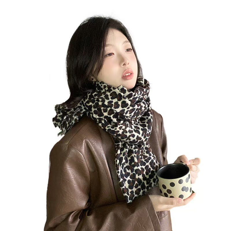 Women's Leopard Print Thickened Cashmere Tassel Shawl Scarfs