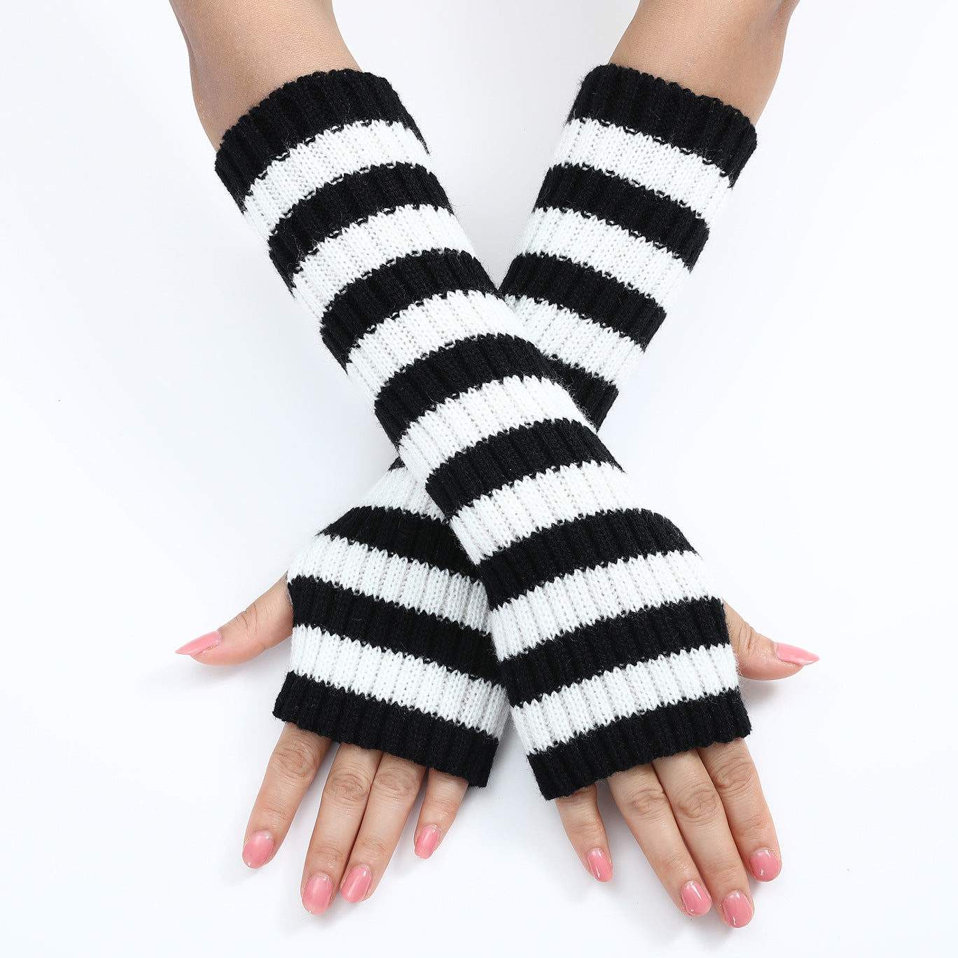 Women's Mixed Color Stripe Knitting Wool Mid-length Open Finger Gloves