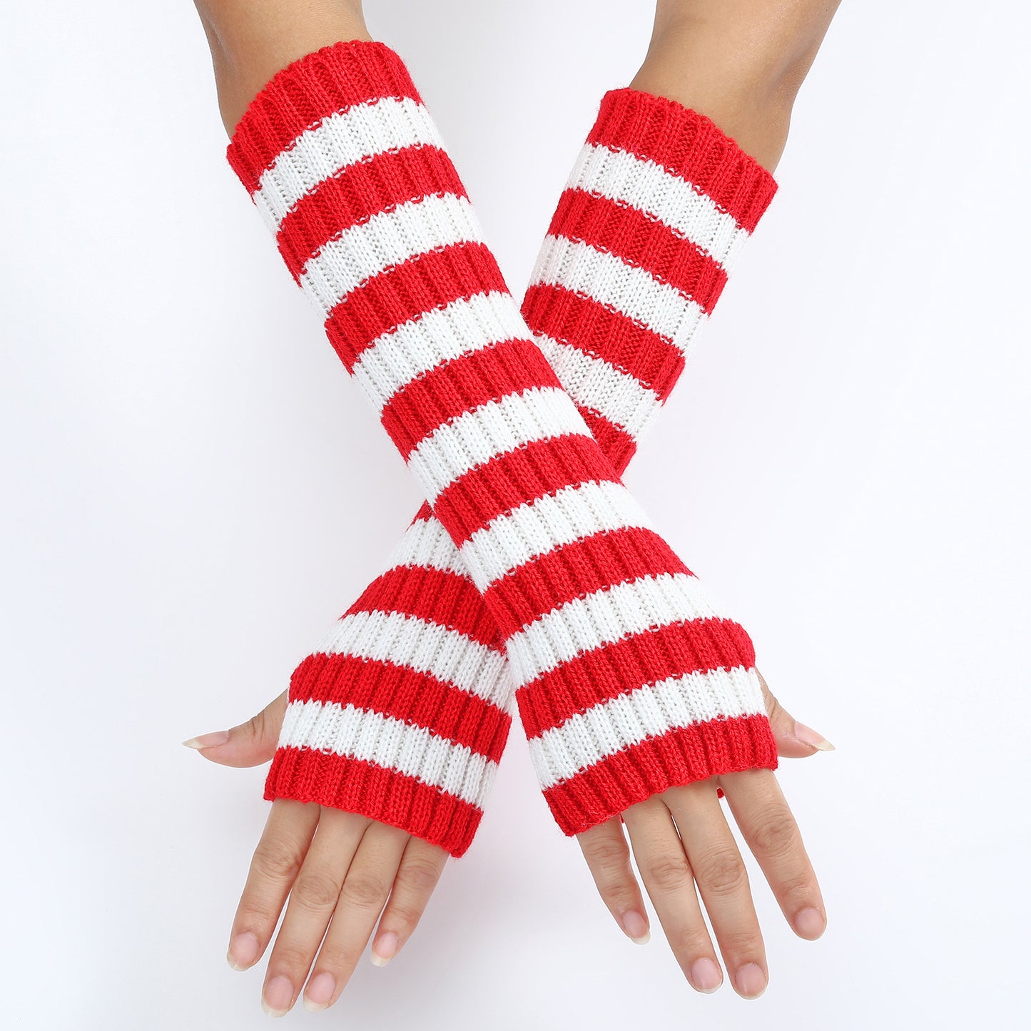 Women's Mixed Color Stripe Knitting Wool Mid-length Open Finger Gloves