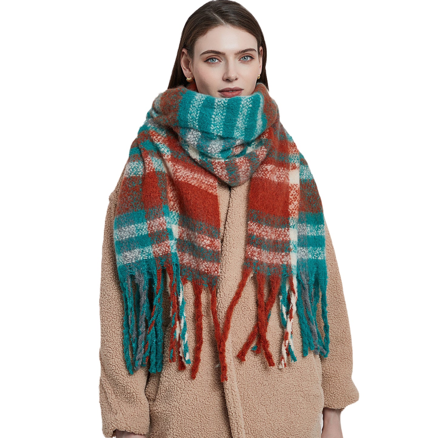 Women's Round Yarn Thickened Thick Tassel Plaid Scarfs