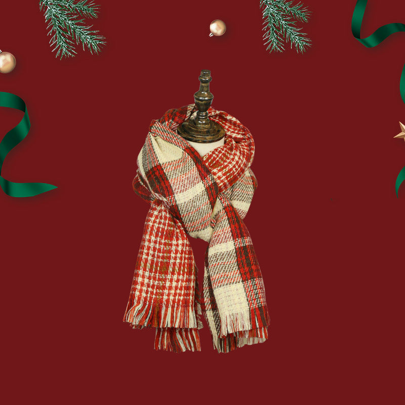 Red Female Winter Check Christmas Knitted Scarfs