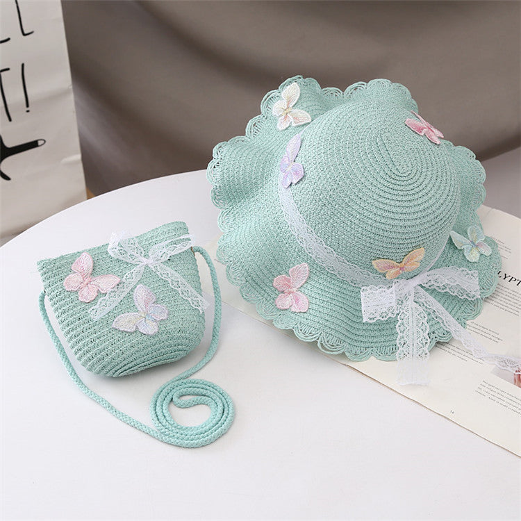 Children's Summer Straw Bag Set Western Style Lace Kids' Headwear