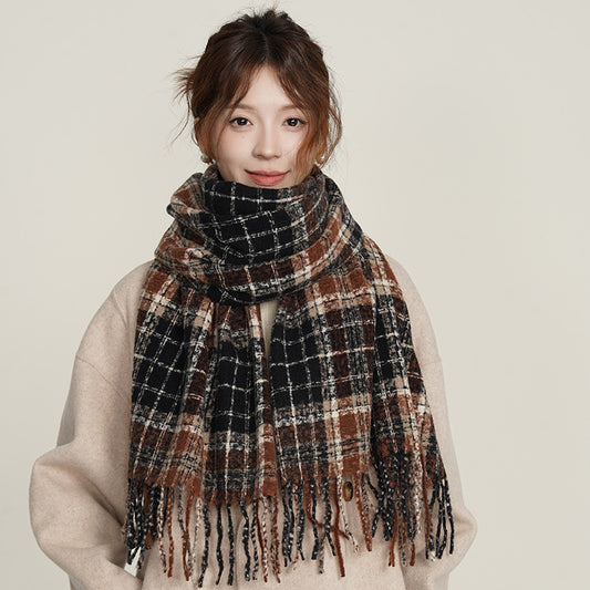 Women's Thick Checks Warm White Soft Tassel Scarfs