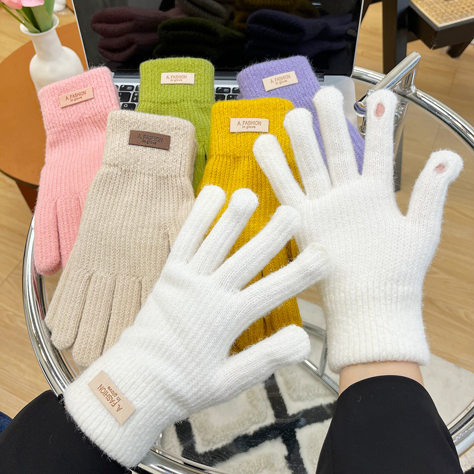 Women's Knitted Knitting Wool Winter Cold Protection Thickening Fleece-lined Candy Gloves