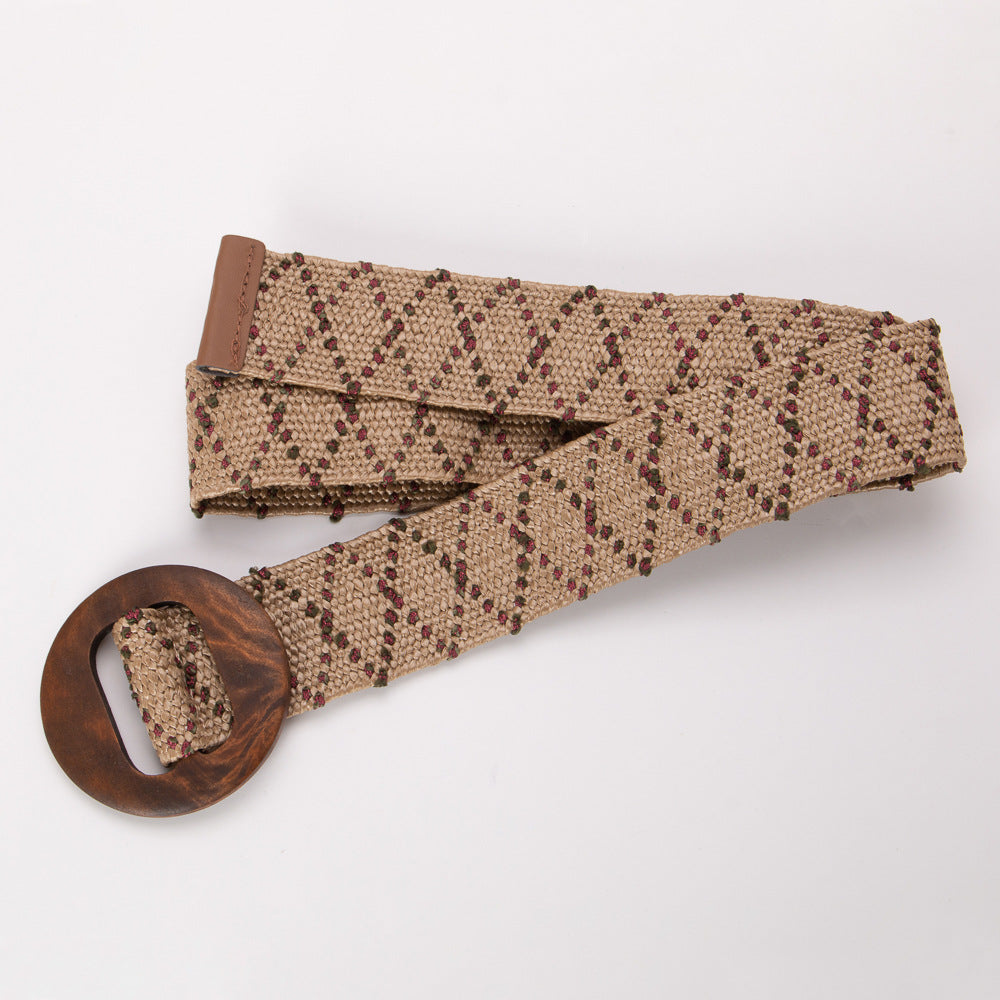 Woven Wooden Buckle Round Elastic Wide Bohemian Belts