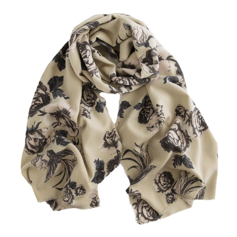 Women's Rose Print Tassel Shawl Warm Scarfs