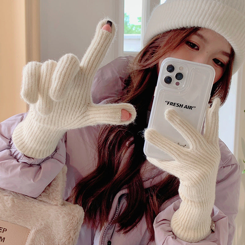 Women's Solid Color Long Thickened Warm Finger Gloves