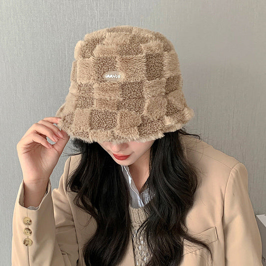 Women's Fur Bucket Hat Style Chessboard Plaid Color Hats & Caps