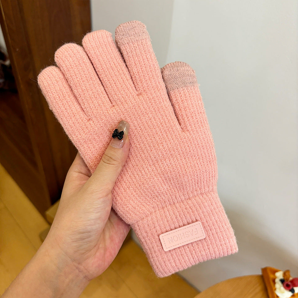 Women's Knitted Knitting Wool Winter Cold Protection Thickening Fleece-lined Candy Gloves