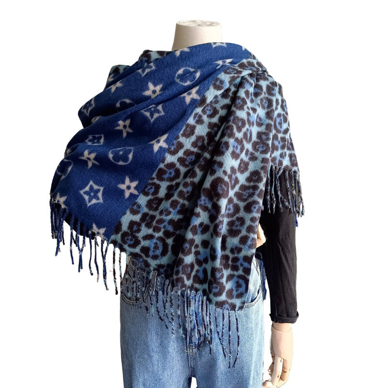 Women's Leopard Print Thickened Cashmere Tassel Shawl Scarfs