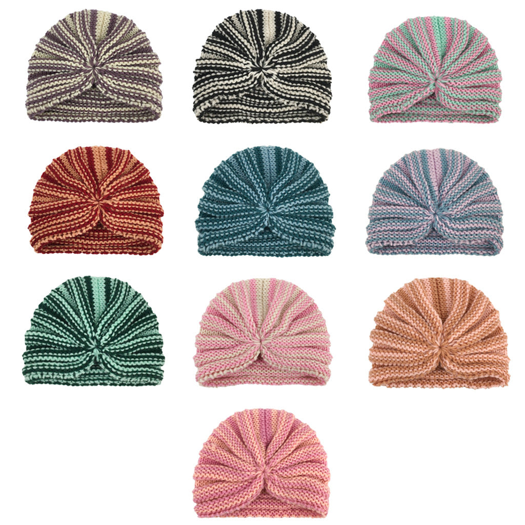 Children's Warm Knitted Hat Striped Wool Knotted Kids' Headwear