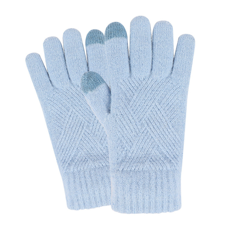 Women's Winter Touch Screen Knitted Double Layer Fleece-lined Five Gloves