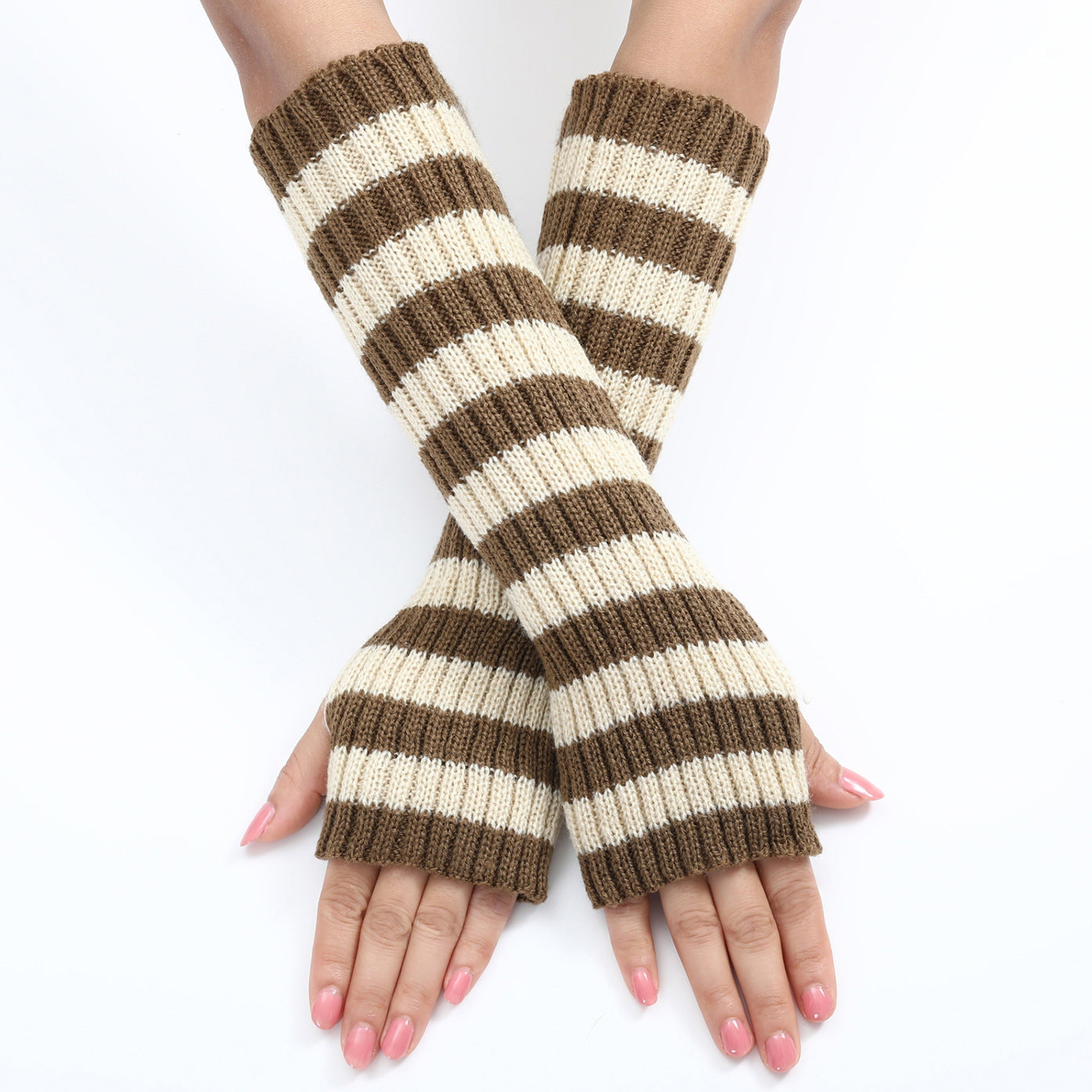 Women's Mixed Color Stripe Knitting Wool Mid-length Open Finger Gloves