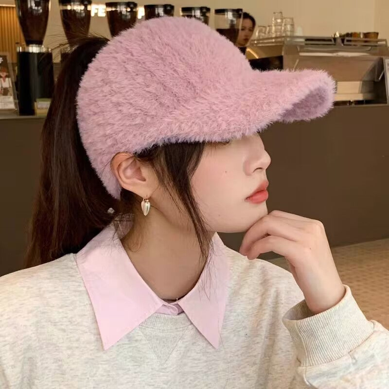 Women's Air Top Woolen Plain Face Ponytail Hats & Caps