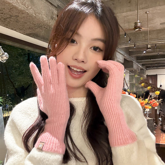 Women's Pink Touchable Screen Finger Winter Knitted Wool Five-finger Gloves