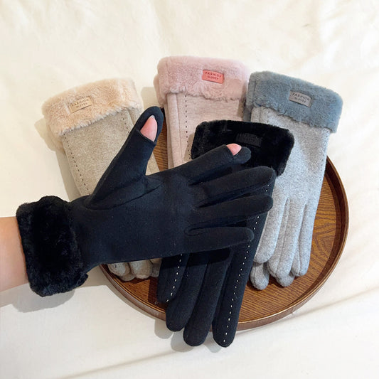 Women's Winter Cold Protection Fleece Thickened Open Gloves