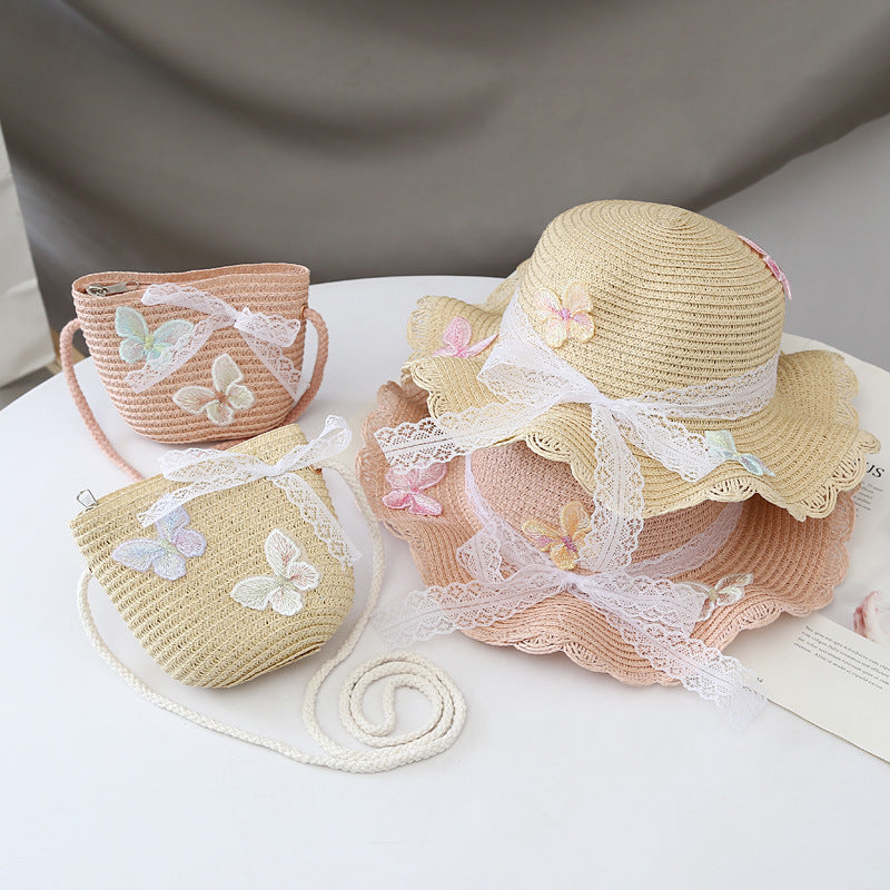 Children's Summer Straw Bag Set Western Style Lace Kids' Headwear