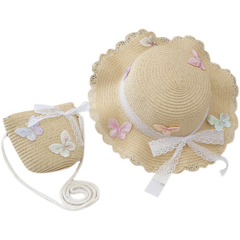 Children's Summer Straw Bag Set Western Style Lace Kids' Headwear