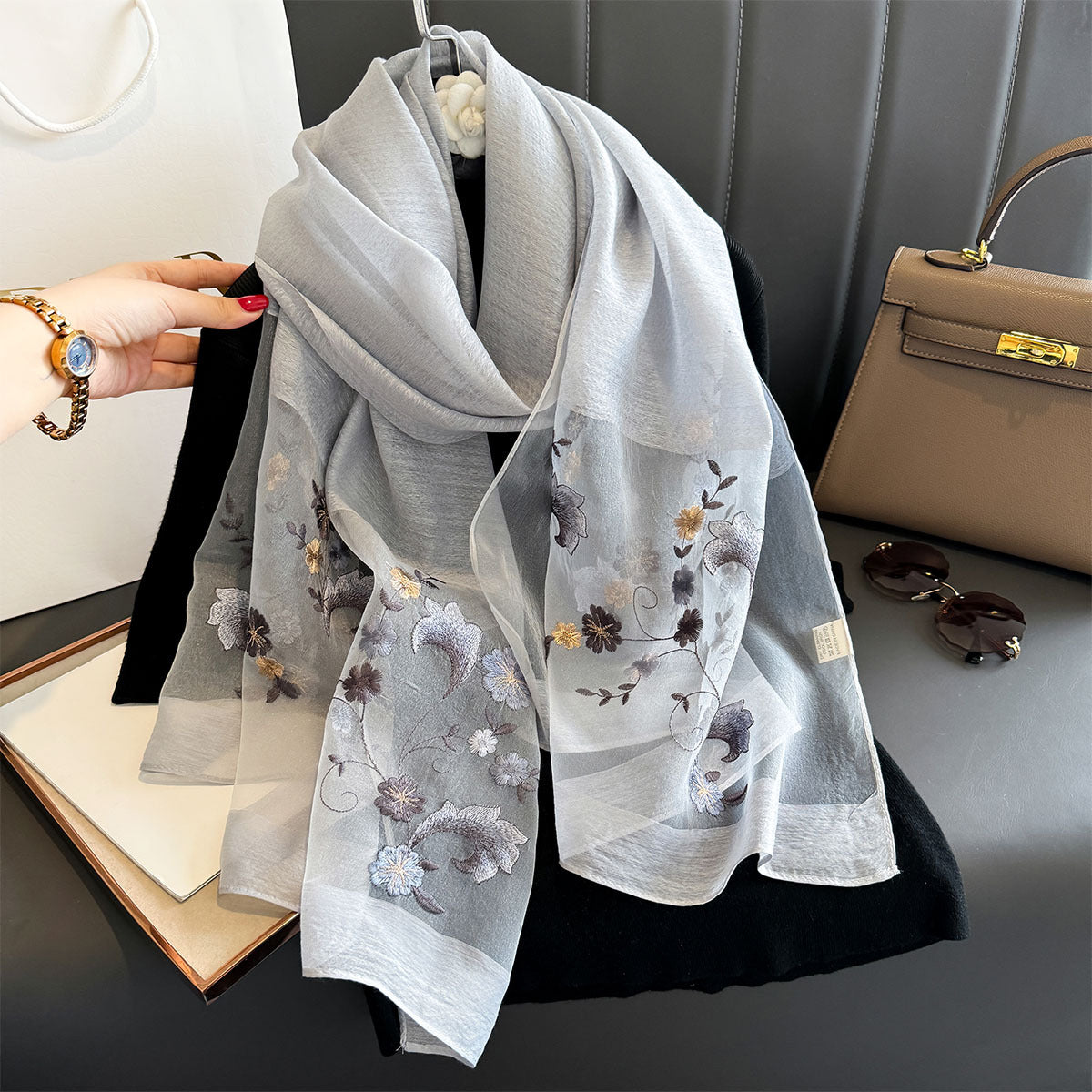 Women's Simple Embroidery Small Flower Artificial Silk Scarfs