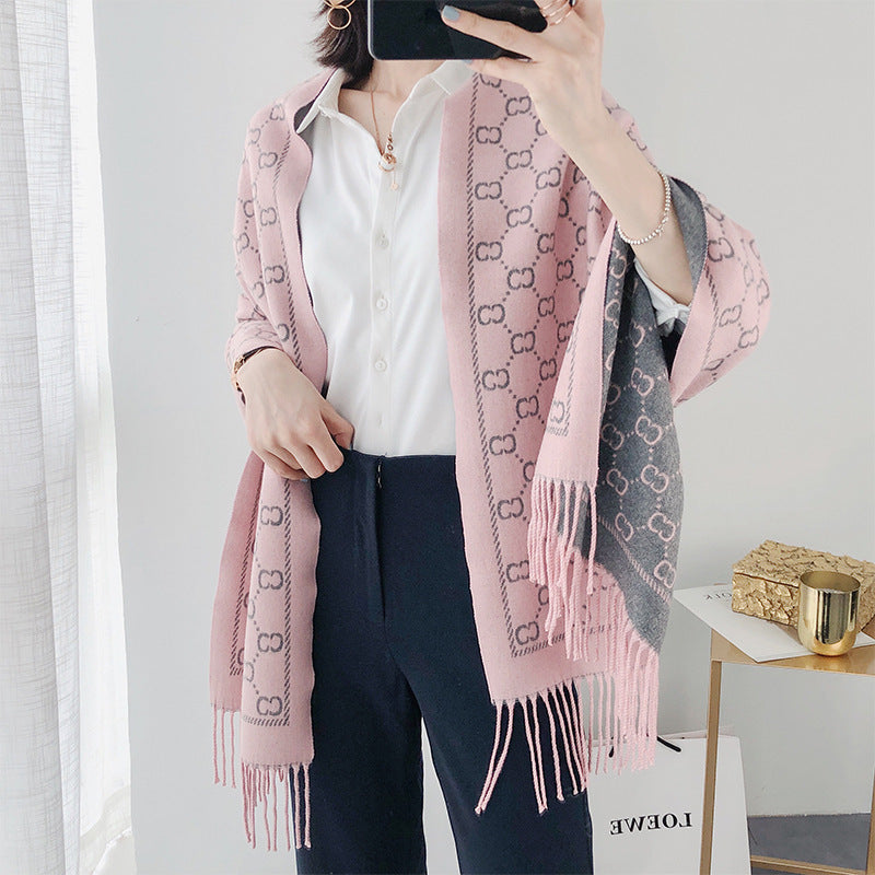 Women's Warm Jacquard Short Beard Tassel Geometric Scarfs