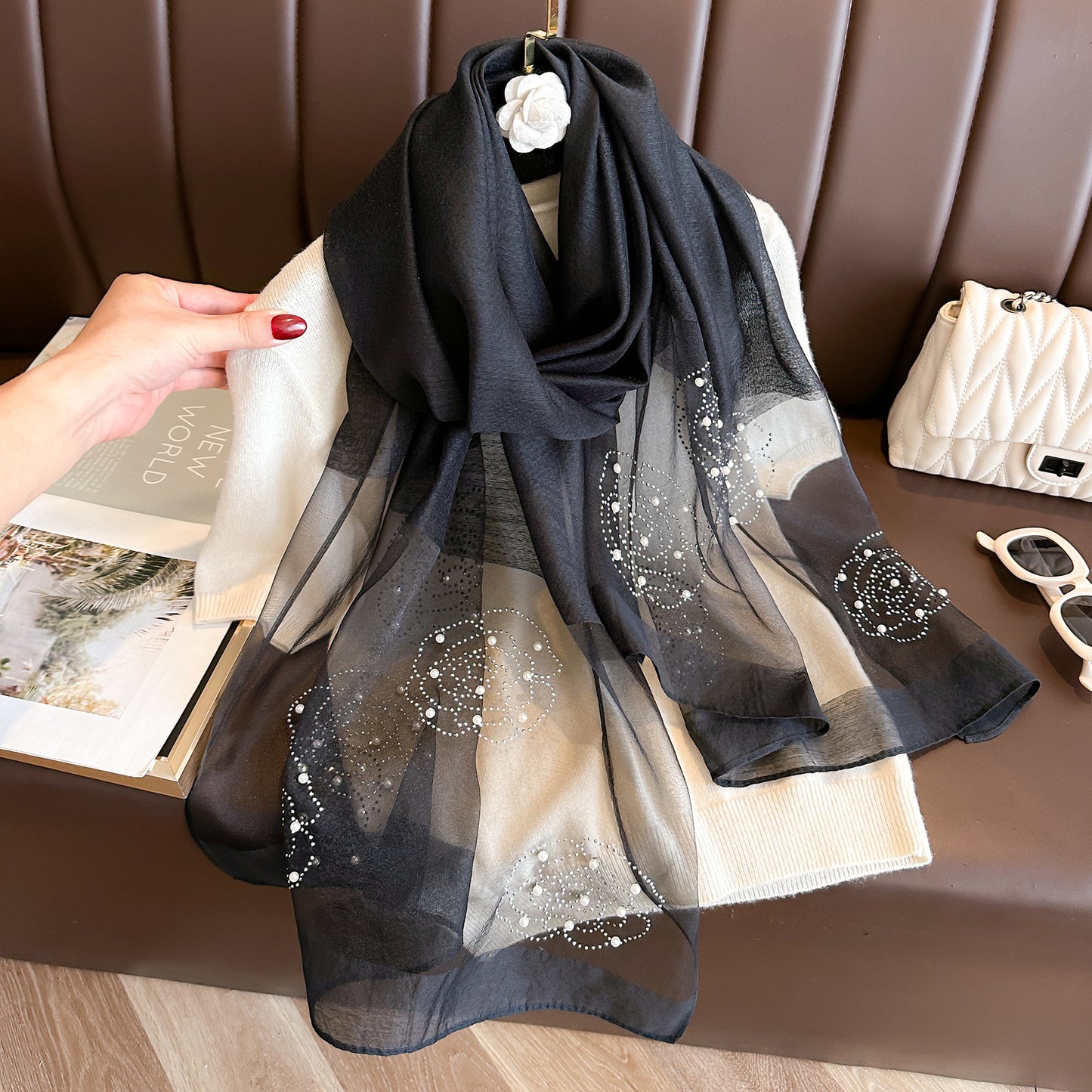 Women's Solid Color Rhinestone Rose Pearl Long Sunscreen Scarfs